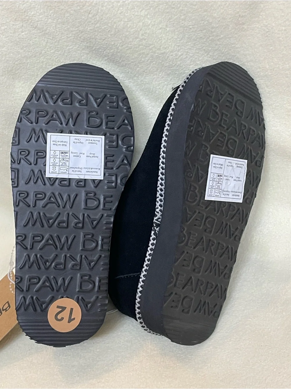 BearPaw Kids Black Plush-Lined Slip-On Slippers Size 12 Youth